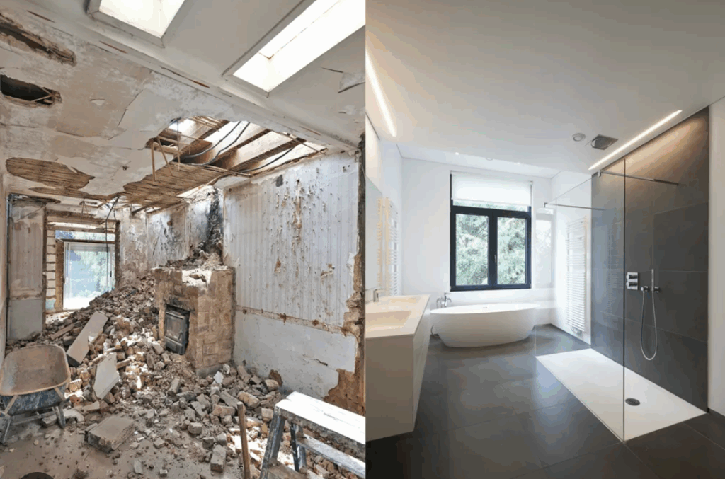 Avant et après la rénovation d’une salle de bains.